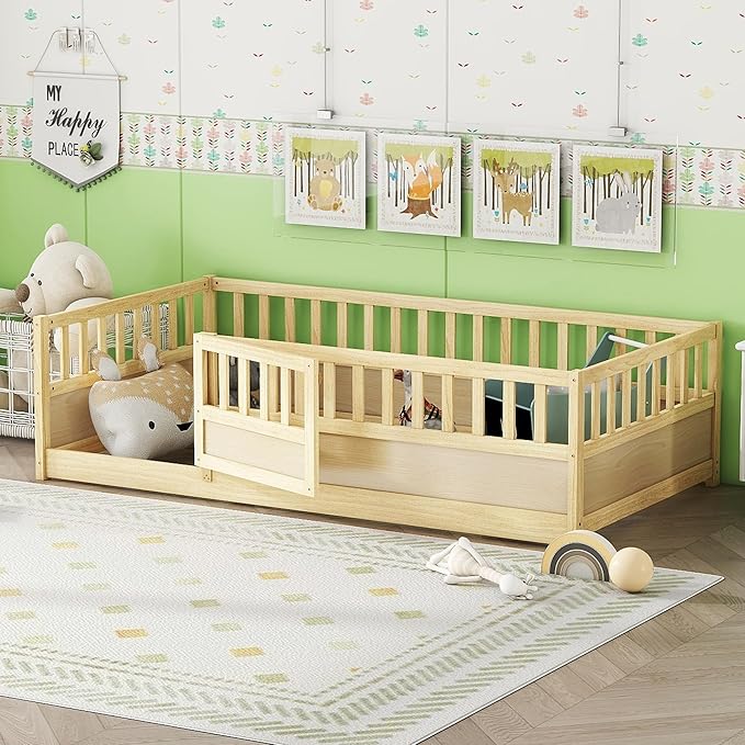 KEIKI Twin Kids Floor Bed, Montessori Kids Floor Bedframe with Fence & Door, Children's Wood Bed for Living Room, Natural