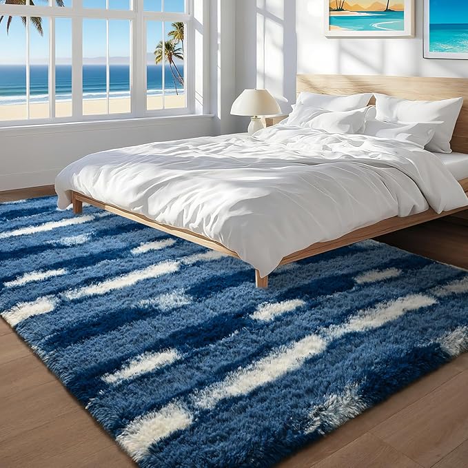 4x6 Feet Area Rugs for Living Room Bedroom,Blue and White Machine Washable Soft Fluffy Shaggy Indoor Rug, Floor Carpet for Girls Boys Kids, Dorms, Nursery Rooms, Home Decor Aesthetic