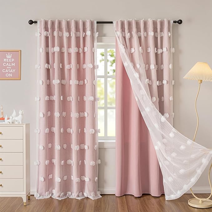 MYSKY HOME Pink Curtains for Girls Bedroom Nursery Curtain Double Layer White Pom Pom Sheer Window Panels for Kids Room Back Tab Room Darkening Window Drapes 72 Inches Length, W52 X L72, 2 Pieces