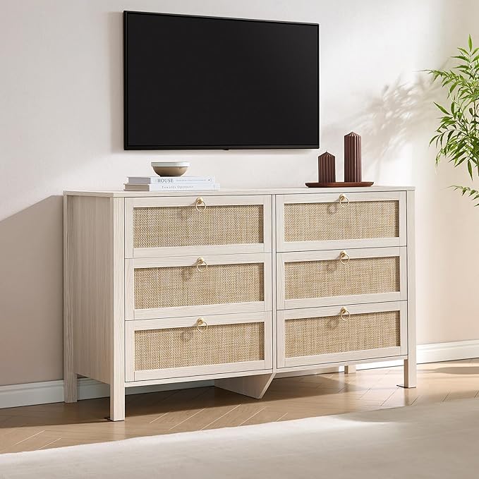 SICOTAS Rattan 6 Drawer Dresser for Bedroom : 51" White Dresser Chest of Drawers Cabinet for Closet with Larger Storage, Boho Farmhouse Wide Tall Dressers TV Stand for Living Room, Hallway