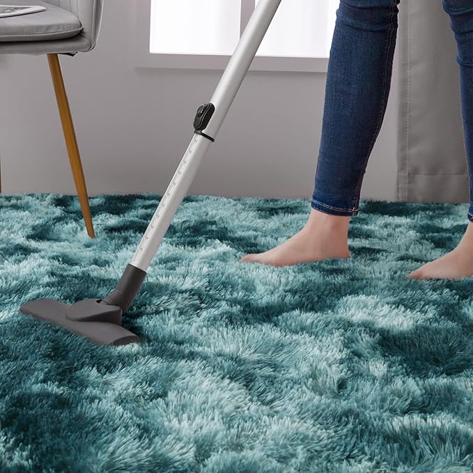 DweIke Fluffy Peacock Blue Rugs for Bedroom Living Room, 4x6 Feet Soft Plush Shaggy Tie-Dyed Teal Blue Girls Boys Kids Rug, Upgraded Non-Slip and Machine Washable Carpet for Dorm Nursery Decor