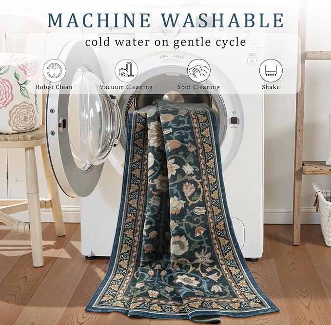 Anidaroel Floral Living Room Rugs 8x10, Washable Large Area Rug for Dining Room Soft Boho Bedroom Rug, Vintage Dark Green Carpet Low Pile Stain Resistant Floor Carpet for Home Office