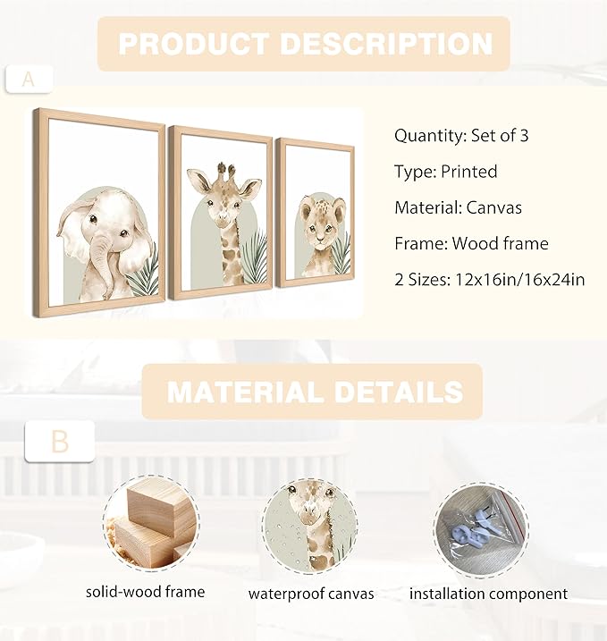 Framed Cute Animal Wall Art Nursery Decor Set of 3, Watercolor Elephant Giraffe Lion Canvas, Whimsical Wildlife Pictures Print, Nursery Wall Decor for Kids’ Bedroom Daycare – 16x24 inch