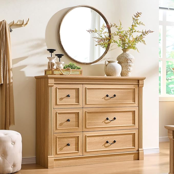Farmhouse 6 Drawers Dresser for Bedroom, 48" Wide Large Dressers & Chests of Drawers w/Roman Column, Storage Dressers Organizer for Bedroom, Hallway, Living Room, Natrual