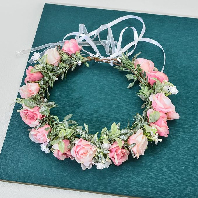 Baby Girls Flower Crown Headpiece Boho Little Wreaths for Weddings, Family Photography (Flower Red and White)