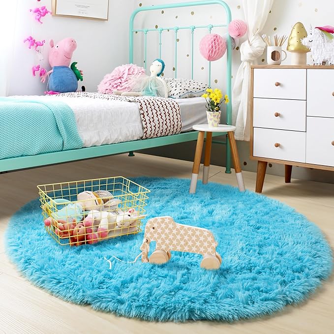 Blue Soft Round Rugs 4Ft for Kids Bedroom, Washable Fluffy Circle Area Rugs for Teen Girls Boys, Cute Play Room Decor Aesthetic, Plush Shaggy Fuzzy Carpet for Nursery Classroom Preppy Dorm Playroom