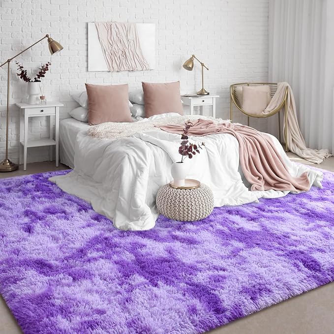 EVOIONOS Area Rug for Living Room Bedroom, Washable 5x8 Fluffy Shag Large Rug, Soft Plush Non Slip Carpet for Indoor Floor Bedside Nursery Girls Kids Room, Dorm, Home Decor Aesthetic, Tie-Dyed Purple