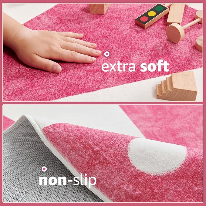 jinchan 5ft Round Rug Hot Pink Washable Fun Cute Playroom Mat Non Slip Cheerful Circle Cool Rug Soft Cozy Low-Profile Playful Carousel Throw Carpet for Kids Gift Teens Dorm Entryway Bedroom