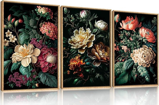 FWIEXA Dark Floral Canvas Wall Art Set, Framed Vintage Moody Flower Wall Decor, Large Black Botanical Wall Painting, Academia Art Print 3 Piece 24x36 Inches for Living Room, Bedroom, Office