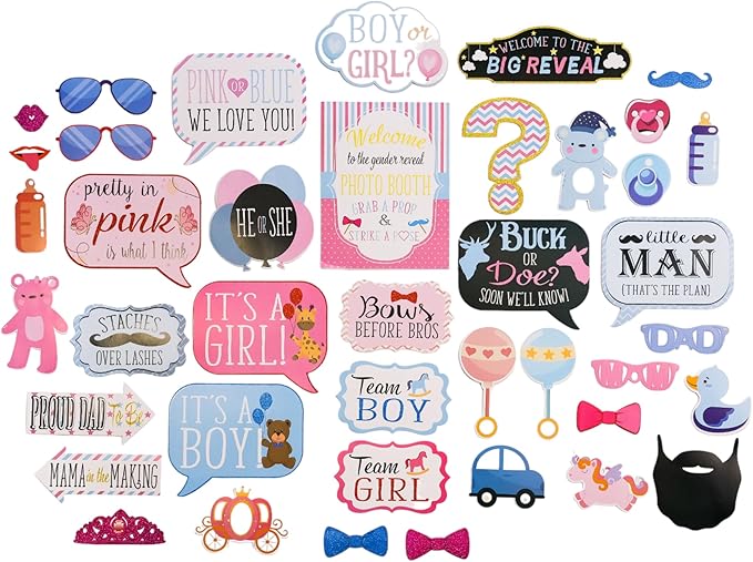 Gender Reveal Photo Booth Props - 41-pc Photobooth Kit with 8 x 10-Inch Sign, 60 Adhesive Pads, 45 Sticks - Baby Gender Reveal Party Supplies for Backdrop