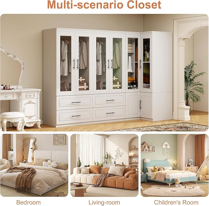 White Armoire Wardrobe Closet with 6 Door: Combination Corner Wood Wardrobe Closet Bedroom Armoire 4 Drawer with Hanging Rods for Home/Bedroom/Living Room