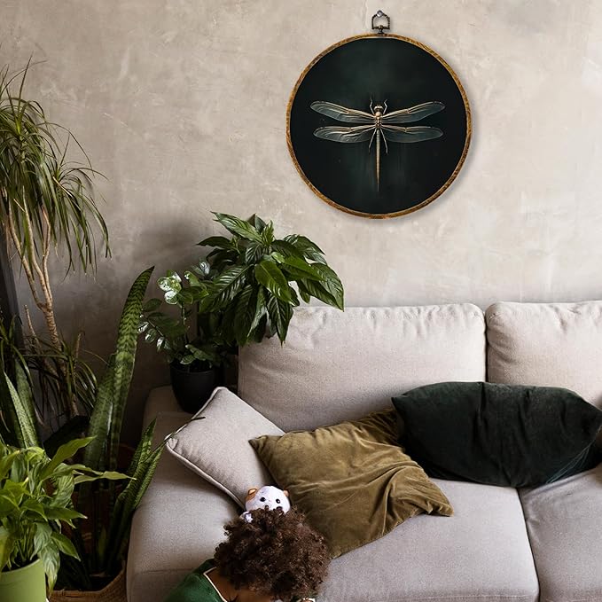 Hiuwevt Dark Dragonfly Round Wall Art Decor, Vintage Dark Academic Dragonfly Framed Canvas Prints, Gothic Dragonflies Round Wall Hanging Decor for Home Room Decorations, 10x10 Inches