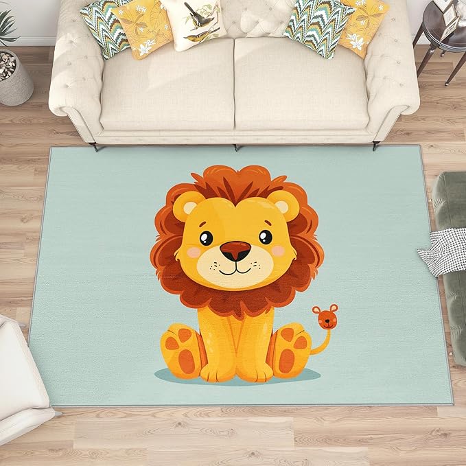 Lion Rug 5x7-2x3 Rug - Lion Rug - Cartoon Cute Zoo Animal Area Rug - Kids Baby Nursery Rugs - Safari Playroom Carpet - Home Decor