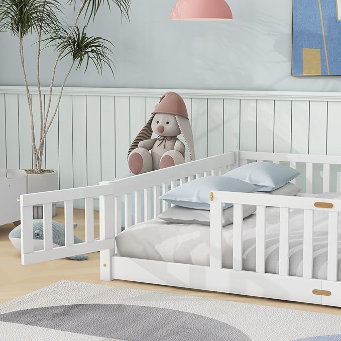 Queen Size Floor Bed for Kids, Wood Montessori Floor Beds with Fence Railings, Door & Slats Support, Queen Playhouse Bed Frame for Boys Girls, No Box Spring Needed, White