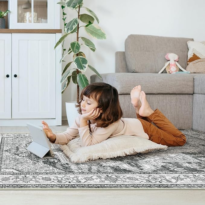 WITSHOCK Living Room Area Rugs 3x5: Washable Rug Boho Soft Non-Slip Low Pile Stain Resistant Foldable Carpet for Bedroom Playroom Dining Room Office Kitchen Foyer Entryway, Farmhouse Home Decor-Gray