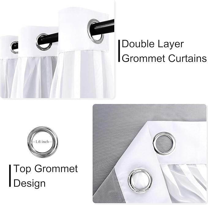 XWZO White Double Layer Curtains, 100% Blackout Curtains with Sheer Overlay for Nursery, Living Room, Children's Room, Grommet Thermal Insulated Privacy Curtains with Tiebacks, 2 Panels, 52x96