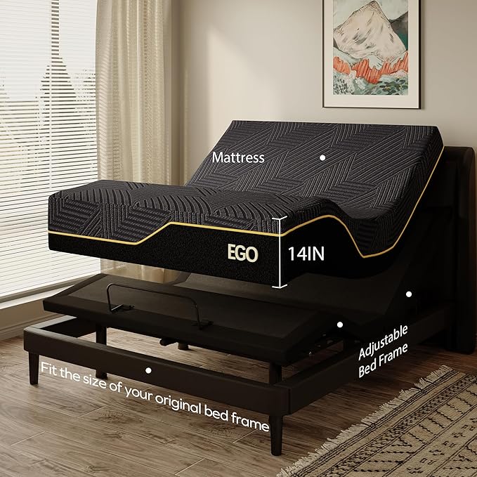 EGOHOME Adjustable Bed Frame Queen and 14 inch Memory Foam Mattress, Independent Head and Foot Incline Electric Bed with Massage, Wireless Remote, Zero Gravity, 2 USB Ports, Adjustable 12" Legs