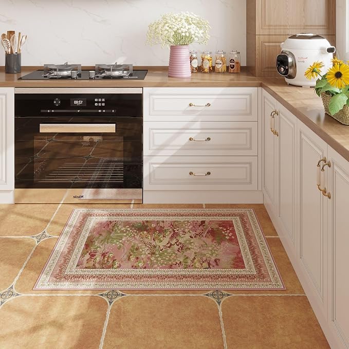 Rugcomf 2x3 Rug Impressionist-Style Vintage Indoor Door Mat Machine Washable Small Area Rug Non-Slip Low Pile Throw Rugs for Entryway Kitchen Front Door Indoor Entrance Entry Kids Room, Pink