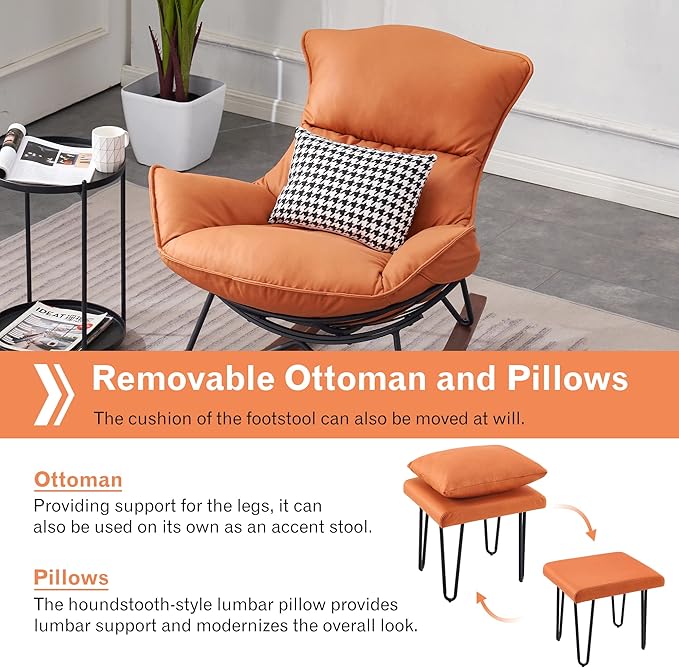 MCombo Modern Rocking Chair, Upholstered Glider Rocker Nursery Accent Chair with Ottoman, Comfy Reading Chairs for Living Room Bedroom Offices HQ203 (Orange)