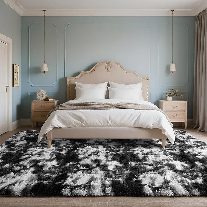 DweIke Fluffy Black White Shag Rugs for Bedroom Living Room, 8x10 Large Soft Plush Tie-Dyed Cow Girls Boys Kids Rug, Non-Slip and Machine Washable Carpet for Dorm Nursery Classroom Decor