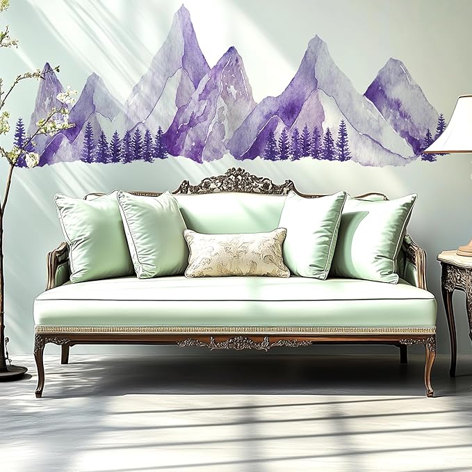 Large Mountain Wall Decals, Purple Pine Tree Peel and Stick Vinyl Wall Stickers & Murals, Removable Home Room Wall Decor for Bedroom Living Room Bedroom Classroom Office Nursery