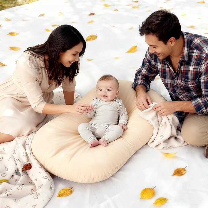 Baby Lounger 0-24 Months 100% Cotton-Snuggle Cozy Me Lounger,Soft & Breathable Tummy Time Mat for Newborn Infant Play Mat,Babies Essentials Gifts,Apricot(Lounger Cover Included)