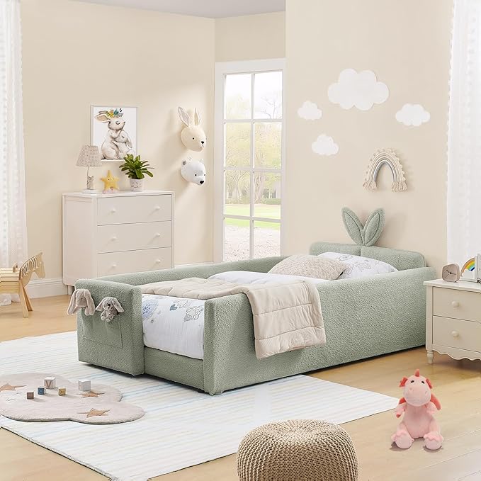 Twin Size Kids Bed with Rabbit Ear Headboard, Upholstered Boucle Fabric Twin Daybed with Slats Support & Side Pockets, Space-Saving Wooden Corner Sofa Couch Bed Frame, for Girls, Boys, Teenager(Green)