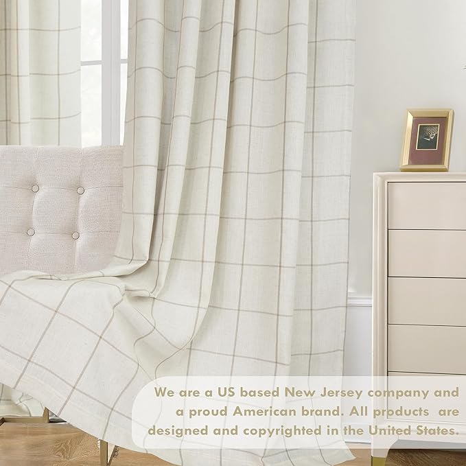 DriftAway 2 Panels 100% Blackout Windowpane Plaid Linen Curtains Double Layer Drapes for Bedroom 96 Inches Long Farmhouse Thermal Insulated 3.25 Inch Rod Pocket Back Tab for Living Room Taupe