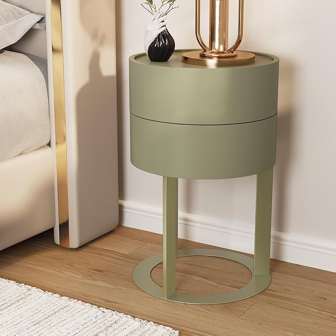 Round Side Table with Hidden Storage Drawers, Modern Nightstand with Swivel Drawer, Minimalist Bedside Table for Bedroom, Living Room, Green