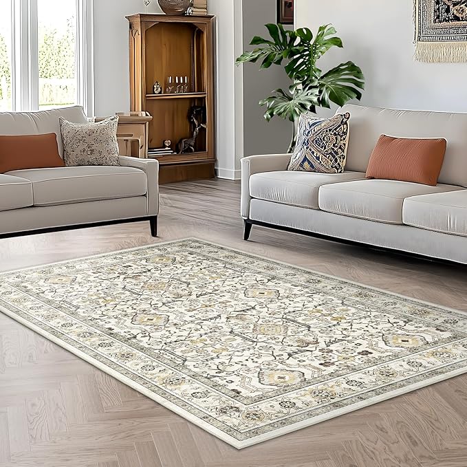 WITSHOCK Living Room Area Rugs 5x7: Washable Rug Boho Soft Non-Slip Low Pile Stain Resistant Foldable Carpet for Bedroom Playroom Dining Room Office Kitchen Farmhouse Home Decor Rug-Cream Color