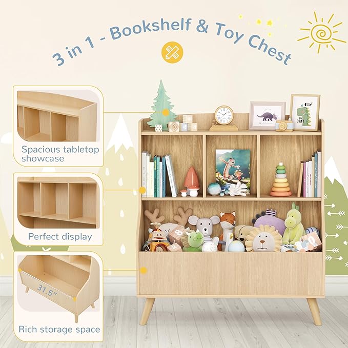 Curipeer Kids Bookshelf and Toy Storage, 3-Tier Wooden Bookcase, Baby Book and Toy Storage Display Organizer with Spacious Top Shelf for Children, Family, Natural Wood Color(Large Size)