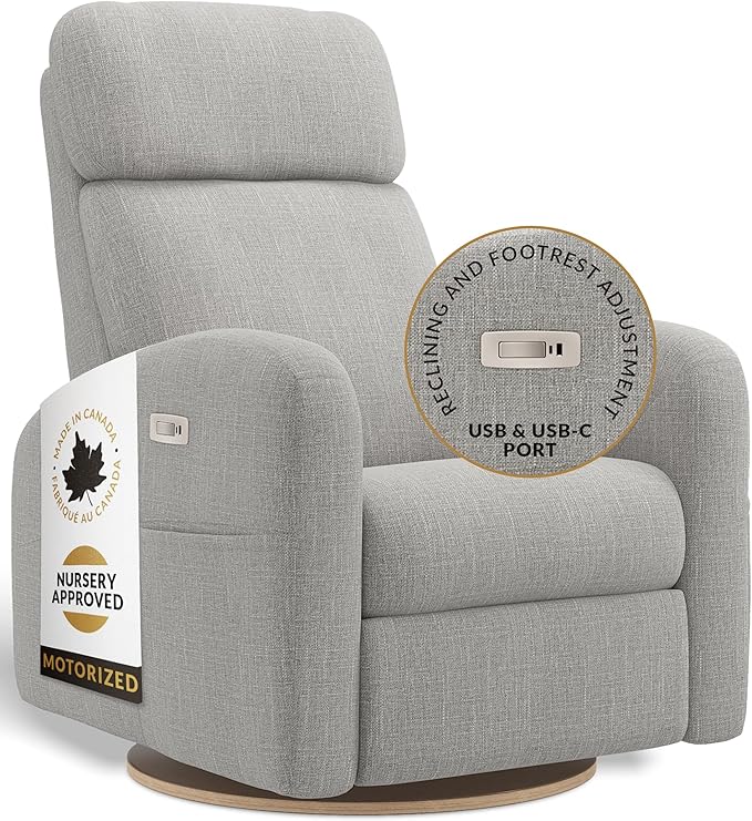 Jaymar Hailey Modern Nursery Glider Recliner Chair (Motorized) – Cozy Nursing Chair with 180° Swivel for New Parents, High Back & Low Armrests, Adjustable headrest, Canadian Made (Nubia Silver Grey)
