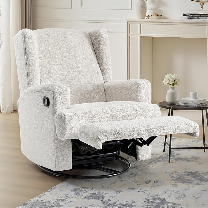 UIXE Swivel Glider Recliner Chair for Adults, Boucle High Back Accent Chair Nursery Rocker for Living Room, Upholstered Manual Reclining Sofa Seating with Deep Seat - Beige