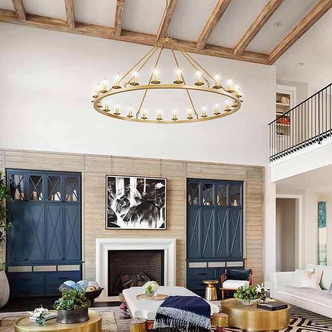Wagon Wheel Chandelier, 24-Light Gold Large Round Modern Farmhouse Chandelier with Adjustable Height Island Light Fixture for High Ceiling Dining Room, Kitchen, Living Room, Entryways, Foyer