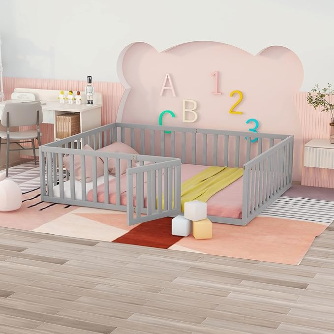 Merax Queen Floor Bed with Safety Guardrails and Door, Wood Montessori Floor Bed Frame for Kids, Queen Playhouse Bed Frame for Baby Girls and Boys, Grey