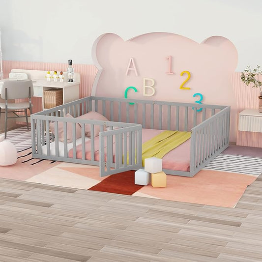 Merax Queen Floor Bed with Safety Guardrails and Door, Wood Montessori Floor Bed Frame for Kids, Queen Playhouse Bed Frame for Baby Girls and Boys, Grey