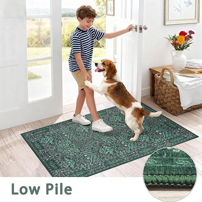 Washable Rug 5x7 Area Rug,Dark Green Living Room Rug for Entryway Bedroom Farmhouse Nursery Home Office，Low Pile Stain & Slip Resistant Large Carpet for Bedroom
