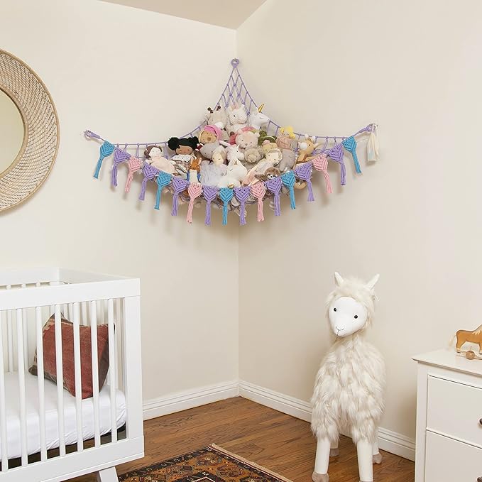 Extra Large Stuffed Animal Storage Hammock Corner with LED Lights – 25LB Capacity Hanging Toy Net for Small or Large Plushies, Boho Macrame Squishmallow, Plush Net, Purple