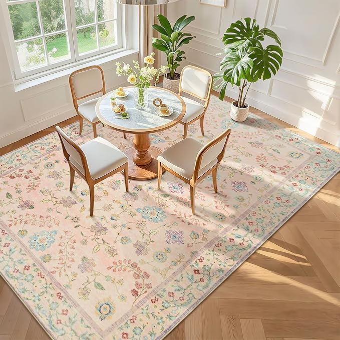 Pink Rugs for Living Room, 8x10 Washable Floral Area Rug for Bedroom, Soft Non Slip Indoor Low Pile Carpet for Kitchen Dining Room, Large Boho Throw Carpets for Nursery Office Dorm Playroom Home Decor