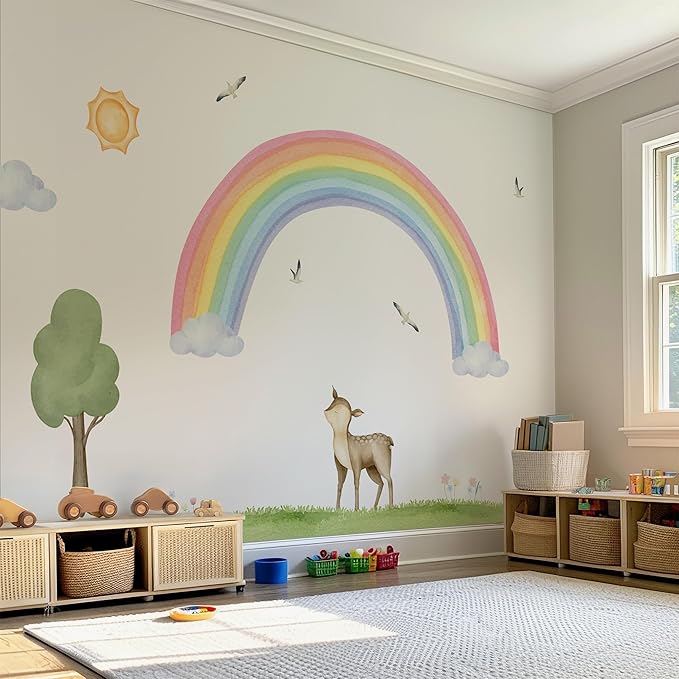 Pastel Boho Rainbow & Woodland Wall Decal Set for Nursery – Watercolor Fawn, Sun, Clouds, Tree, Grass, Birds – Large/XL/XXL