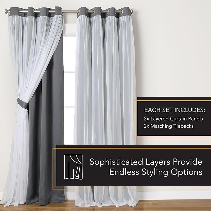 TOWN & COUNTRY LUXE Talia Double Layer Indoor Curtains, Sheer and Room Darkening Blackout, Grommet Top, Energy Efficient, 2-Pack Set, 52"x96", Black Pearl