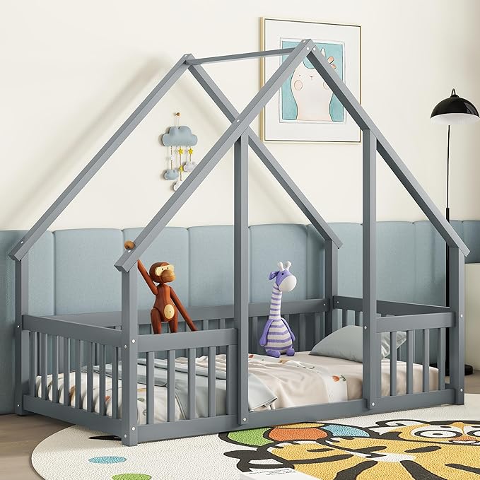 Bellemave Twin Floor Bed for Kids, Girls, Boys, Wood House Bed Frame, House Floor Bed, Twin Size Montessori Floor Bed with Fence, Playhouse, Gray