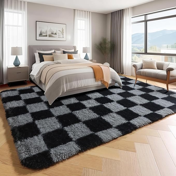 KICMOR 8x10 Area Rugs for Living Room, Large Fluffy Soft Black and Grey Checkered Shag Shaggy Bedroom Carpet, Big Fuzzy Plush Floor Rug for Kids Boys Girls Room Dorm Nursery Home Decor Aesthetic