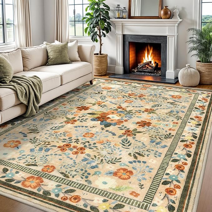 Rugs for Living Room 8x10, Machine Washable Non-Slip Thin Area Rugs, Boho Vintage Floral Soft Bedroom Carpet Rug for Home Indoor Dining Room, Beige/Multi