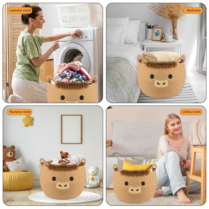 Highland Cute Cow Basket for Nursery, Large Blanket Gift Basket, Woven Rope Cotton Storage, Baby Laundry 0rganizer with Ears Handles, Towels Toy Clothes Gifts Storage Cat Dog Bin,13"D×11.5"H