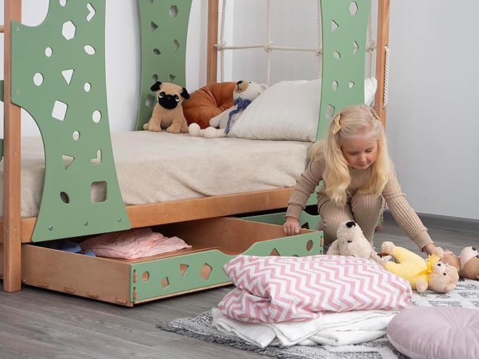 BUSY WOOD Monkey Bed – Twin Frame with Storage & Foldable Table – Montessori Indoor Playground – Jungle Gym Furniture for Kids – Toddler Sleeping Frame with Drawers
