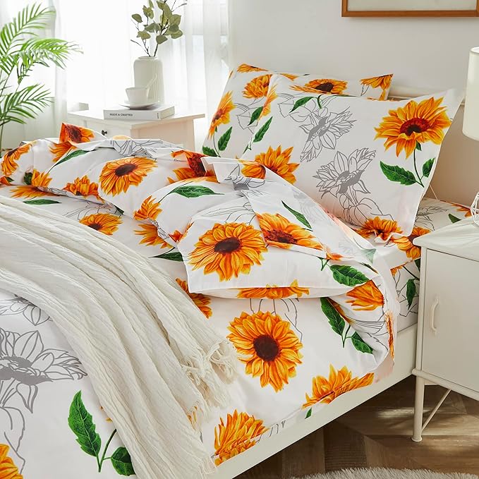 Brandream Duvet Cover Full/Queen Size 3 Pieces Boho Sunflower Farmhouse Floral Girl Women Floral Bedding Duvet Cover Set Super Soft Breathable with Zipper Closure & Corner Ties(Yellow White)
