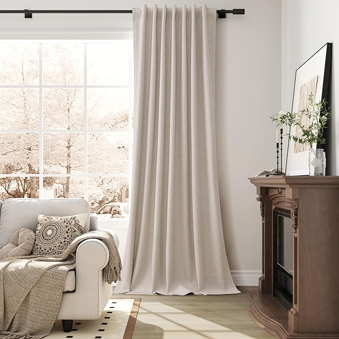 Guken Oatmeal Linen 100% Blackout Curtains for Living Room 96 Inch Length 2 Panels Set Back Tab Textured Neutral Thermal Insulated Sound Proof Room Darkening Window Curtain for Bedroom 52x96 8Ft