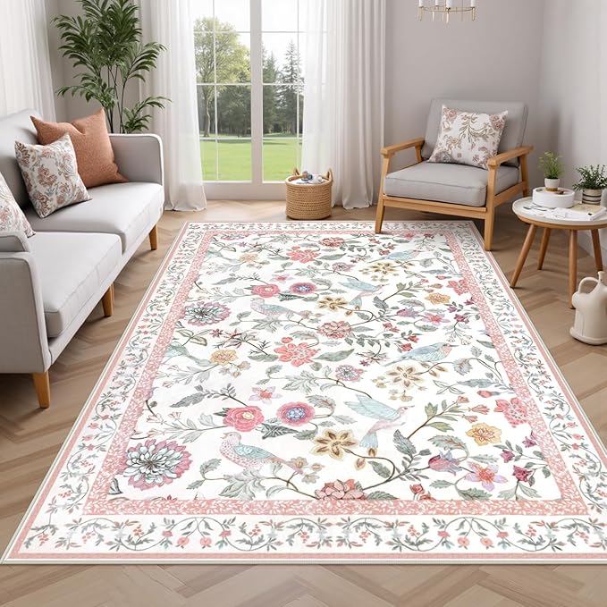 Floral Washable 6x9 Area Rugs for Living Room, Soft Pink Boho Girls Bedroom Rug Non-Slip Low Pile Flower Birds Dining Room Rug, Botanical Floor Carpet for Kids Classroom Office