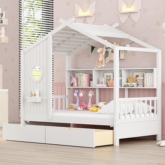Twin Size House Bed with Storage Drawers,Kids House Bed Frame with Shelves,Cute Wood House Bed Twin with Roof for Kids,Girls,Boys,White